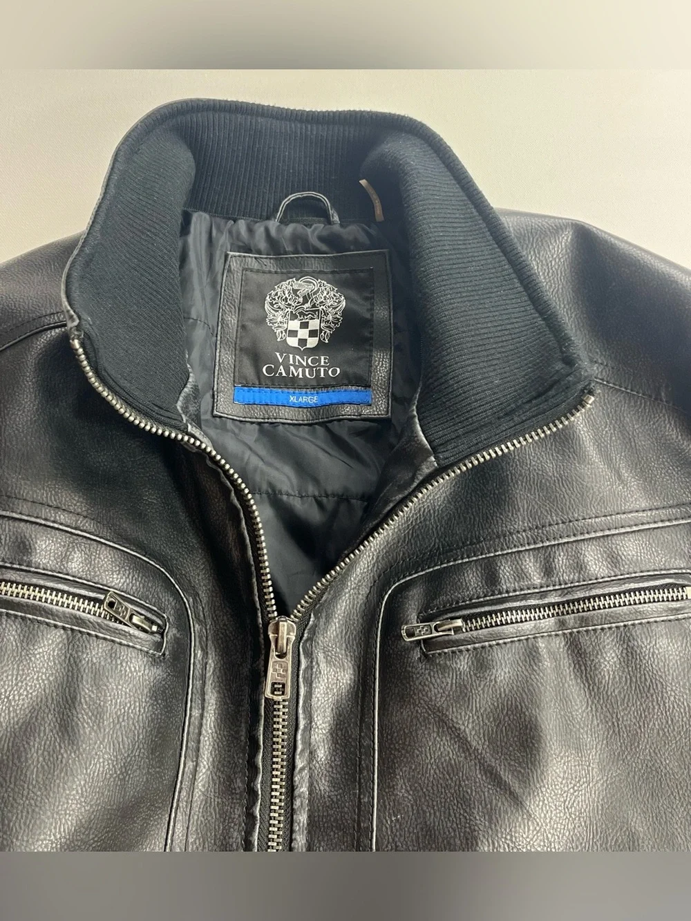 Vince Camuto Men’s Faux Leather Bomber Jacket Coat Black Multi Pockets SzXL